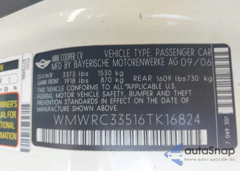 2006 Mini Cooper z USA, uszkodzony, nr VIN WMWRC33516TK16824